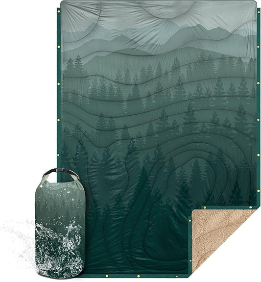Outdoor Camping Blanket with Sherpa Lining, Extra Warm Thick Camp Blankets and Puffy Ultralight Soft Poncho DWR Camping Quilt for Cold Weather, Adventure, Sleeping, Backpacking 78"x 56"