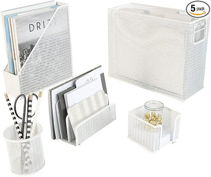 BLU MONACO | White Desk Organizer Set | 5 Piece Metal Office Desk Organizer with Hanging File Holder, Magazine Organizer, Pen Cup, Sticky Note Holder, Mail Sorter | Desk Organizers and Accessories