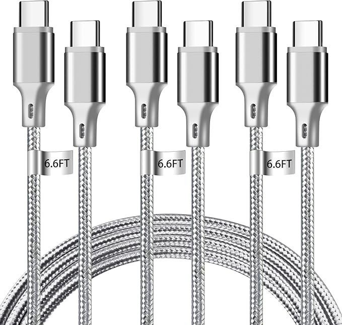 cugunu USB C to USB C Charger Cable, Nylon Braided 3Pack 60W 6.6FT Type C Fast Charging Cord Compatible for iPhone 15/16/17/Pro/Max/Plus, iPad, Air5, MacBook, Samsung, Google-Grey