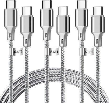 cugunu USB C to USB C Charger Cable, Nylon Braided 3Pack 60W 6.6FT Type C Fast Charging Cord Compatible for iPhone 15/16/17/Pro/Max/Plus, iPad, Air5, MacBook, Samsung, Google-Grey