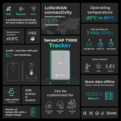seeed studio T1000-A GPS Tracker with Temp, Light, Motion Sensor, LoRaWAN, Bluetooth and Wi-fi Transmission, Bluetooth, Wi-fi, Panic Button and Buzzer, GNSS, 6.5mm Card Size, IP65 Waterproofing