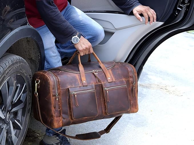20" Vintage Duffel Classic Style with Modern Outlook Retro Thick Full Grain Cowhide Handmade Airplane Underseat Carry On Bags Leather Gym Overnight Luggage Bag