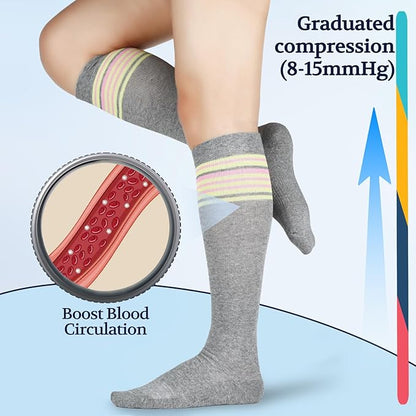 LIN PERFORMANCE Compression Socks for Women and Men 3 Pairs 8-15 mmHg Cotton Knee High Support Socks for Travel Sport