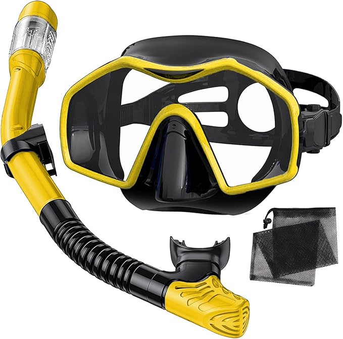 Snorkeling Gear for Adults,Dry-Top Snorkel Mask Set with Tempered Glass,Anti-Fog & Anti-Leak Panoramic Swim Mask,Adjustable Snorkel Kit with Carry Bag for Scuba Diving,Swimming,Travel