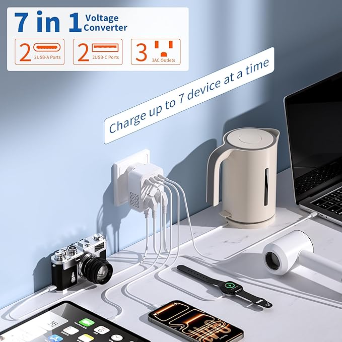 2000W Voltage Converter, 220V to 110V Converter for Hair Dryers PC Phone Kettle, Universal Travel Plug Adapter for 230+ Countries, 7 in 1, 3 AC/2 USB/2 Type-C Ports