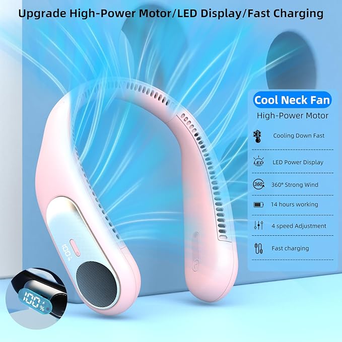 Portable Neck Fan,Personal Wearable Bladeless Fan,LED Display,4-Speeds,6000mAh USB Rechargeable,360° Strong Cooling Wind,Hands Free,White Elephant Gift,Christmas Gifts for Men Women Dad Mom (Pink)