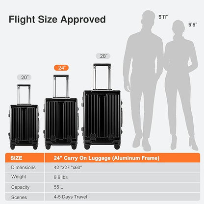 24 Inch Check-In Luggage Aluminum Frame Zipperless Luggage, Hard Shell Suitcase TSA Approved Checked Luggage, ABS+PC Lightweight Zipperless Suitcase with Spinner Wheels (Black)