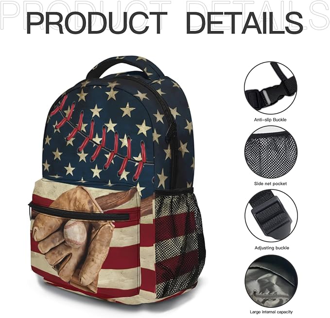 American Flag Baseball Print Backpack, Laptop Backpack with Multiple Pockets for Adult Hiking Travel Work 17 Inch