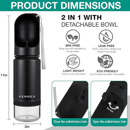 Dog Water Bottle Portable Stainless Steel Leak Proof Wide Mouth BPA Free Water Dispenser for Medium Small Dogs Pups 2 in 1 with Detachable Bowl Traveling Outdoor Walking Hiking Accessories (12OZ).