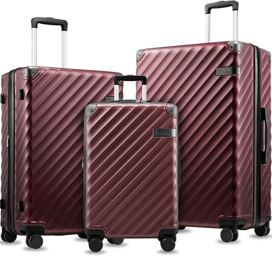 3 Piece Set Luggage with Spinner Wheels, KVC Polycarbonate Expandable Hard Shell Suitcase (EX-Core, Cherry, 3 Piece Sets)