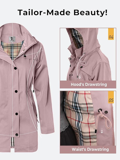 SaphiRose Women's Long Hooded Rain Jacket Outdoor Raincoat Windbreaker