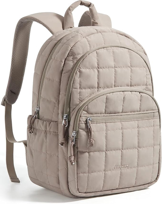 BAGSMART College Laptop Backpack, Travel Backpack for Women, Quilted Casual Daypack, Water-Resistant Bookbag for 15.6 Inch Laptop, Camel