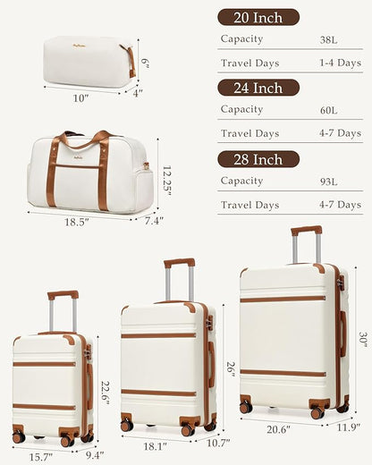 LONG VACATION Luggage Sets 5 Piece, Suitcases With Wheels, PC+ABS Hardshell Luggage Set with Spinner Wheels, TSA Lock (White Brown)