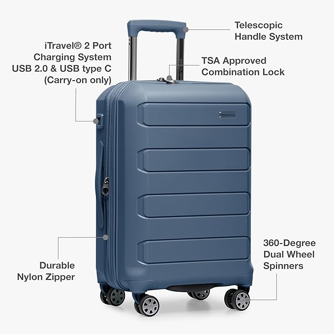 Traveler's Choice Pagosa Indestructible Hardshell Expandable Spinner Luggage, Slate Blue, 30-Inch Large