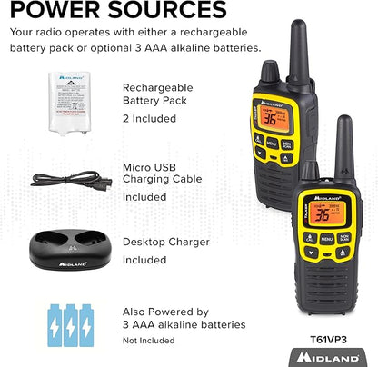 Midland® - T61VP3 X-TALKER - Two-Way Radio - 36 Channel FRS- Long Range Walkie Talkie, 121 Privacy Codes, & NOAA Weather Scan & Alert Black/Yellow, 2-Pack