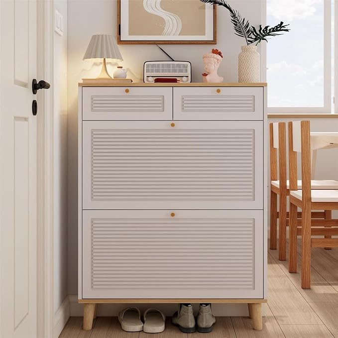 Spaco Shoe Storage Cabinet with 2 Flip Drawers for Entryway,Narrow Shoe Rack Organizer Cabinet with Oak Top and 2 Storage Drawers for Hallway,Entrance