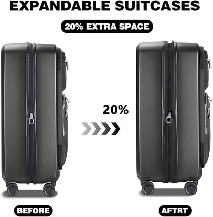 Luggage Sets 2 Piece, Carry On Luggage with Front Pocket & USB Port and 28 Inch Expandable Checked Luggage, Hybrid Soft Front & Hard Shell Suitcases with Spinner Wheels & TSA Lock, Grey