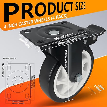 Caster Wheels 4 Inch, Heavy Duty Caster Set of 4, Swivel Castor Wheel with Dual Locking Brakes, Silent Polyurethane (PU) Wheels-Black