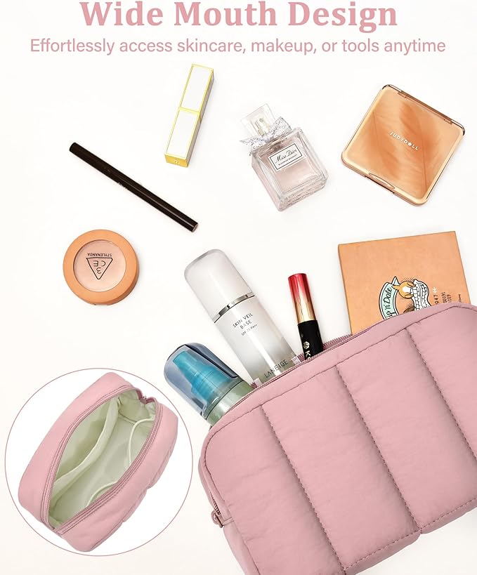 oscaurt 2 Pcs Makeup Bag Travel Toiletry Bag for Women Puffy Padded Cosmetic Pouch Purse Wide-open Makeup Organizer Case Travel Essentials