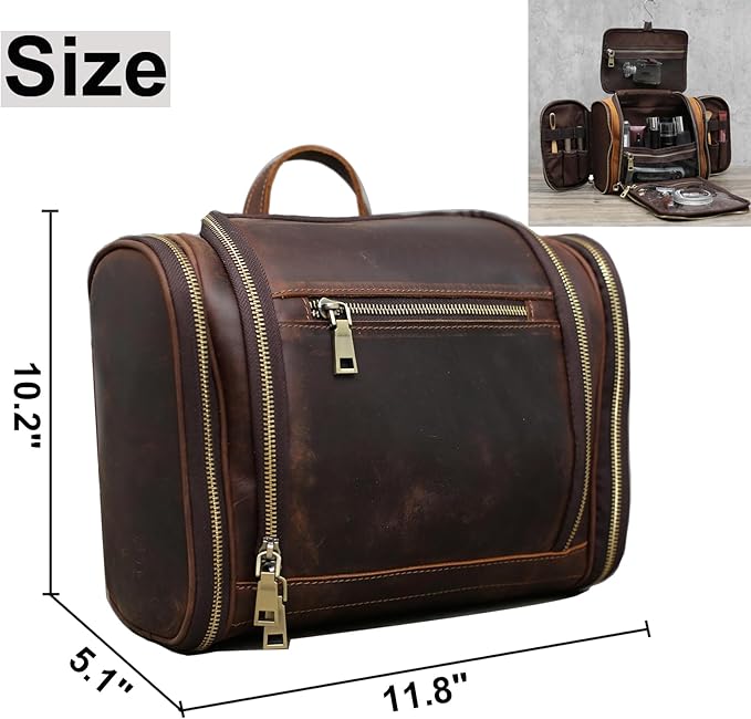 EURYNOME Toiletry Bag For Men, Genuine Leather Toiletries Organizer, Travel Hanging Toiletry Bag Large Water-resistant Bathroom Shaving Kit for Cosmetics, Makeup Case Travel Dopp Kit