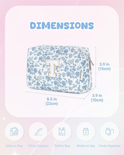 Narwey Birthday Gifts for Teen Girls Kids Women Personalized Initial Floral Makeup Bag Cute Cosmetic Trendy Stuff 6 8 10 11 12 13 14 16 18 Years Old Travel Toiletry Bag (Little Blue Flower T)