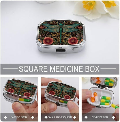 Metal 2 Compartment Pill Organizer Travel Friendly Portable Compact Pill Box Cute Pill Case,for Pocket Wallets Daily Portable Medicine Vitamin Tablet Storage (Dragonfly)