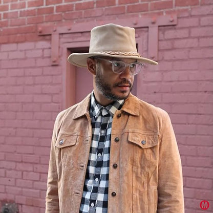Minnetonka Outback Hat-Flat Brimmed Cowboy Hat for Men and Women Made with Distressed Leather, Hidden Steel Wire in Brim.