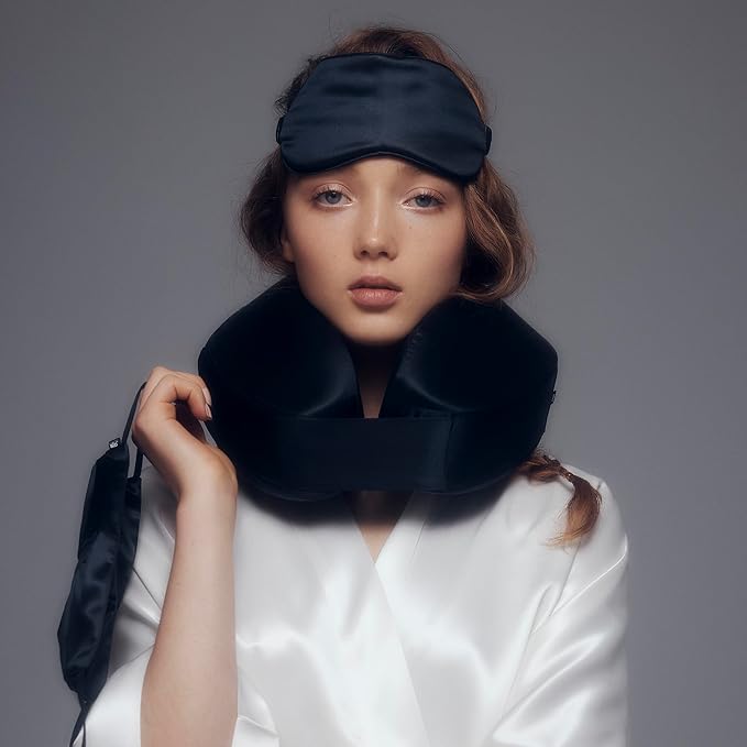 SLIP Silk Frequent Flyer Travel Set - Black - Includes 1 x Travel Neck Pillow, 1 x Face Covering, 1 x Sleep Mask