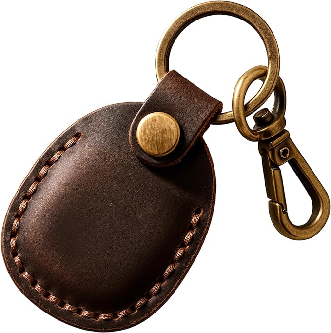 Genuine Leather Airtag Holder, Portable Air Tag Keychain with Key Rings Full Coverage Air Tags Hidden Case Cover Compatible for AirTags Dark Brown