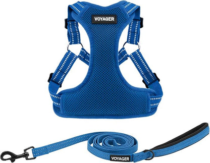 Best Pet Supplies Voyager Mesh Dog Breathable Harness Reflective Stitching, All Weather Adjustable for Walking Training, or Running - Heavy Duty & Durable, Harness Leash Set (Royal Blue), S