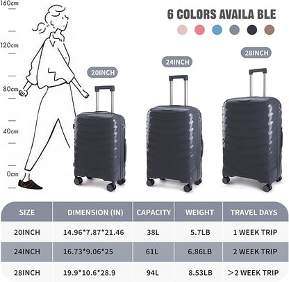 LARVENDER Luggage Sets 3 Piece, Hardside PP Carry On Luggage Suitcase with 360° Spinner Wheels Suitcase Sets for Women Men, Dark Grey