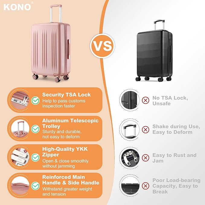 Kono Lightweight 28 Inch Expandable Luggage with Quiet Spinner Wheels TSA Lock, Scratch and Drop Resistant PC+ABS Hardside Durable Large Checked Suitcase, Nude/Rose Gold