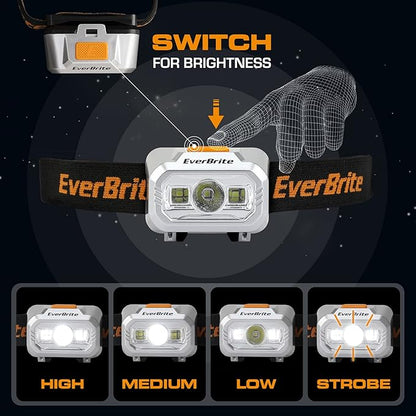 EverBrite LED Headlamp, 4 Lighting Modes, Pivoting Head with Adjustable Headband, IPX4 Water Resistant Perfect for Running, Camping, Hiking, Christmas, and Emergency, 3 AAA Battery Powered(2 Pack)