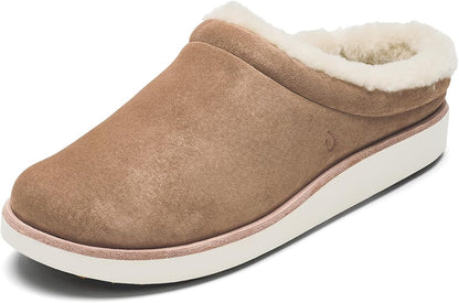 OLUKAI Mani Women's Leather Mule Slippers, Soft & Comfortable Slippers with Fleece Lining, Thick Rubber Outsole, All-Day Wear