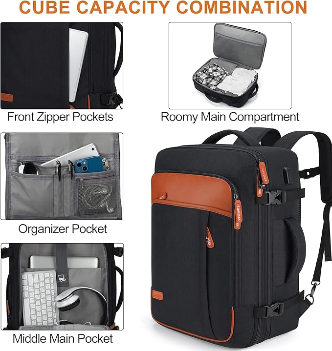 Lumesner Carry on Travel Backpacks, Extra Large 40L Flight Approved for Men & Women,Expandable Suitcase backpack (Black (Backpack With 4 Packing Cubes))