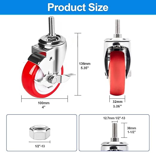 4 inch Stainless Steel Caster Wheels Heavy Duty, 1/2"-13x1-1/2 Threaded Stem Casters with Side Brake, Rust Resistant, Polyurethane PU Wheels for Hospital, Lab, Furniture, Restaurant