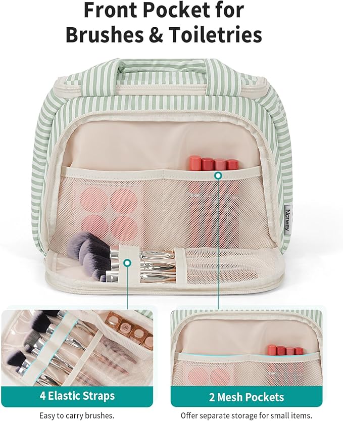 Narwey Large Travel Toiletry Bag, Wide-open Travel Bag for Toiletries, Toiletry Bags for Traveling Women, Cosmetic Make Up Makeup Bag Organizer with Wet Pocket, Shower Skincare Bag (Mint Green Stripe)