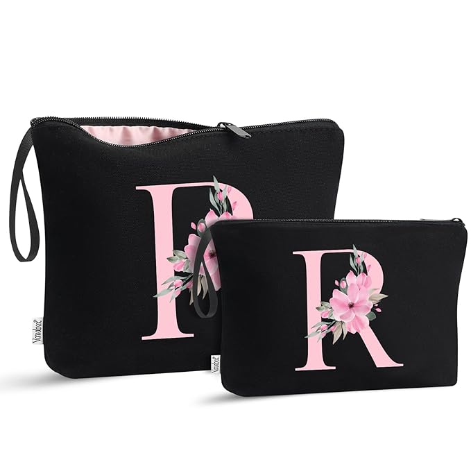 Vavabox A-Z Personalized Makeup Bag, Birthday Gifts for Women Mom, Gifts for Best Friend, Bride Bridesmaid Cosmetic bag (R, 04-Black Set)