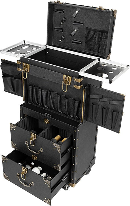 Beauty Luggage Rolling Lockable Makeup Train Case Stylist Cosmetic Luggage Travel Organizer with Hair Dryer Holder & Compartment