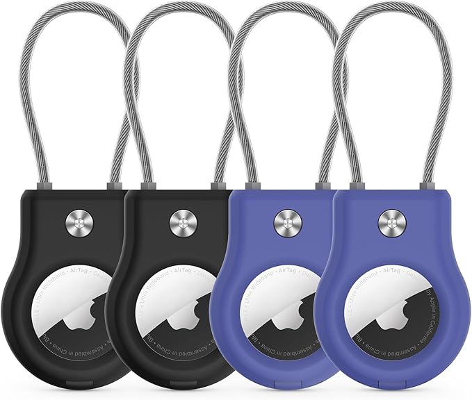 AirTag Keychain Holder - (4 Pack) Airtag Lock Case with Wire Cable Compatible with Apple AirTags,Ultra Durable Anti-Lost Protective Case with Keyring for Luggage, Key, Backpack, Pet, Bag Black/Blue