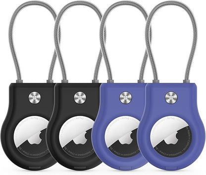 AirTag Keychain Holder - (4 Pack) Airtag Lock Case with Wire Cable Compatible with Apple AirTags,Ultra Durable Anti-Lost Protective Case with Keyring for Luggage, Key, Backpack, Pet, Bag Black/Blue