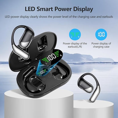 Open Ear Wireless Earbuds Headphones, Bluetooth 5.4, Built-in Mic, IPX7 Waterproof, LED Display Charging Case,Ear Hooks Clip Ear Buds，Design for Running Fitness Workout Office Game Gym