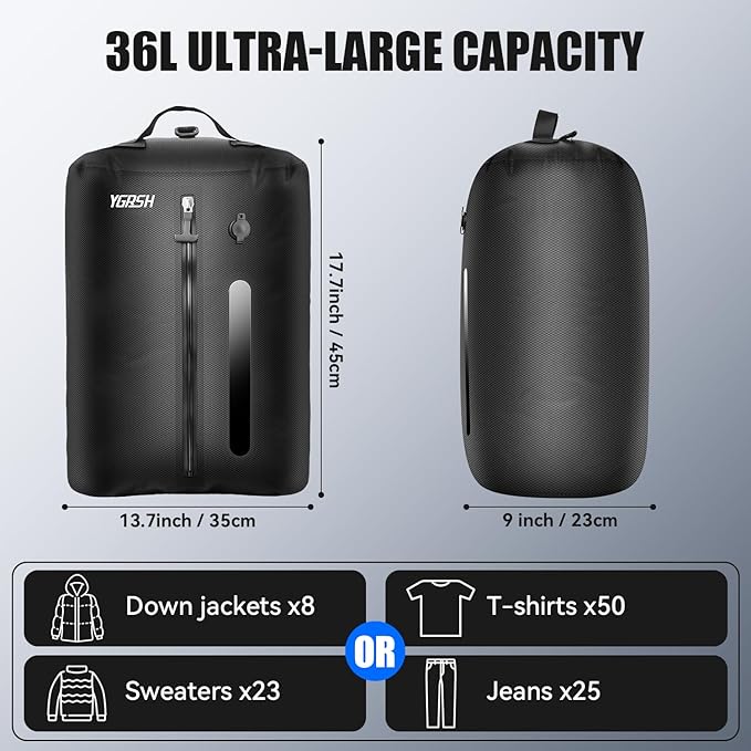 36L Vacuum Bags for Travel, 2Pcs Waterproof Compression Bags with Wireless Lockable Pump, Reusable Vacuum Packing Cubes Compatible with Suitcase, Luggage, Backpack (2PCS + Pump + Shoulder Strap)
