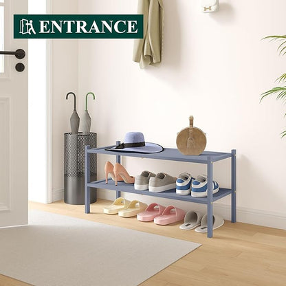 Smiry Bamboo Shoe Rack, 2 Tier Shoe Organizer for Entryway & Closet, Stackable Free Standing Storage Shelf for Shoes, Bags & Plants, Grey