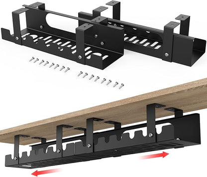 2 in 1 Cable Management Under Desk Black, Adjustable Length(15.7”-31.4”) Extendable Large Cable Management Tray, Cord Hider for Wire Organizer, Cord Organizer for Office, Home