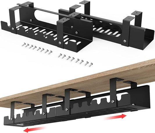 2 in 1 Cable Management Under Desk Black, Adjustable Length(15.7”-31.4”) Extendable Large Cable Management Tray, Cord Hider for Wire Organizer, Cord Organizer for Office, Home