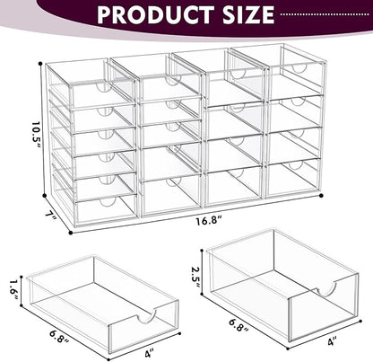 Acrylic Makeup Organizer with 19 Drawers, 4 Pack Clear Storage Drawers, Bathroom Makeup Organizer for Palettes, Cosmetic, and Beauty Supplies,Ideal for Vanity, Cabinet,Desk Organization