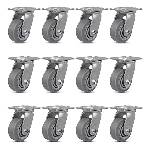4 Inch Rubber Wheels (Flat Tread)- Heavy Duty Casters, Industrial Caster Wheels- with up to 700 LB Capacity- Use for Dollies, Utility and Maintenance Carts(12 Swivel)