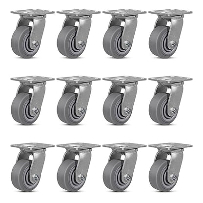 4 Inch Rubber Wheels (Flat Tread)- Heavy Duty Casters, Industrial Caster Wheels- with up to 700 LB Capacity- Use for Dollies, Utility and Maintenance Carts(12 Swivel)