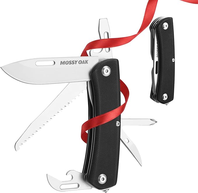 MOSSY OAK Multitool Pocket Knife, 10-in-1 Folding Pocket Knife Multitool with Stainless Steel Blade, Saw, Can Opener, Screwdrivers – EDC Tool for Camping, Hiking, Survival & Christmas Gifts